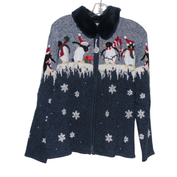 Vintage Tiara Sweater Women's Large Blue Penguins Winter Full Zip Cardigan - Picture 2 of 7